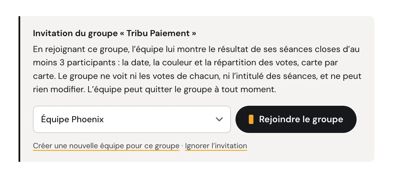 Encart « Invitation du groupe « Tribu Paiement » » dans le tableau d'une équipe : il explique que l'équipe montrera au groupe le résultat de ses séances closes d'au moins 3 participants, sans les votes de chacun ni l'intitulé des séances, et qu'elle pourra quitter le groupe à tout moment. En dessous, le choix de l'équipe, « Équipe Phoenix », le bouton « Rejoindre le groupe », et les liens « Créer une nouvelle équipe pour ce groupe » et « Ignorer l'invitation ».