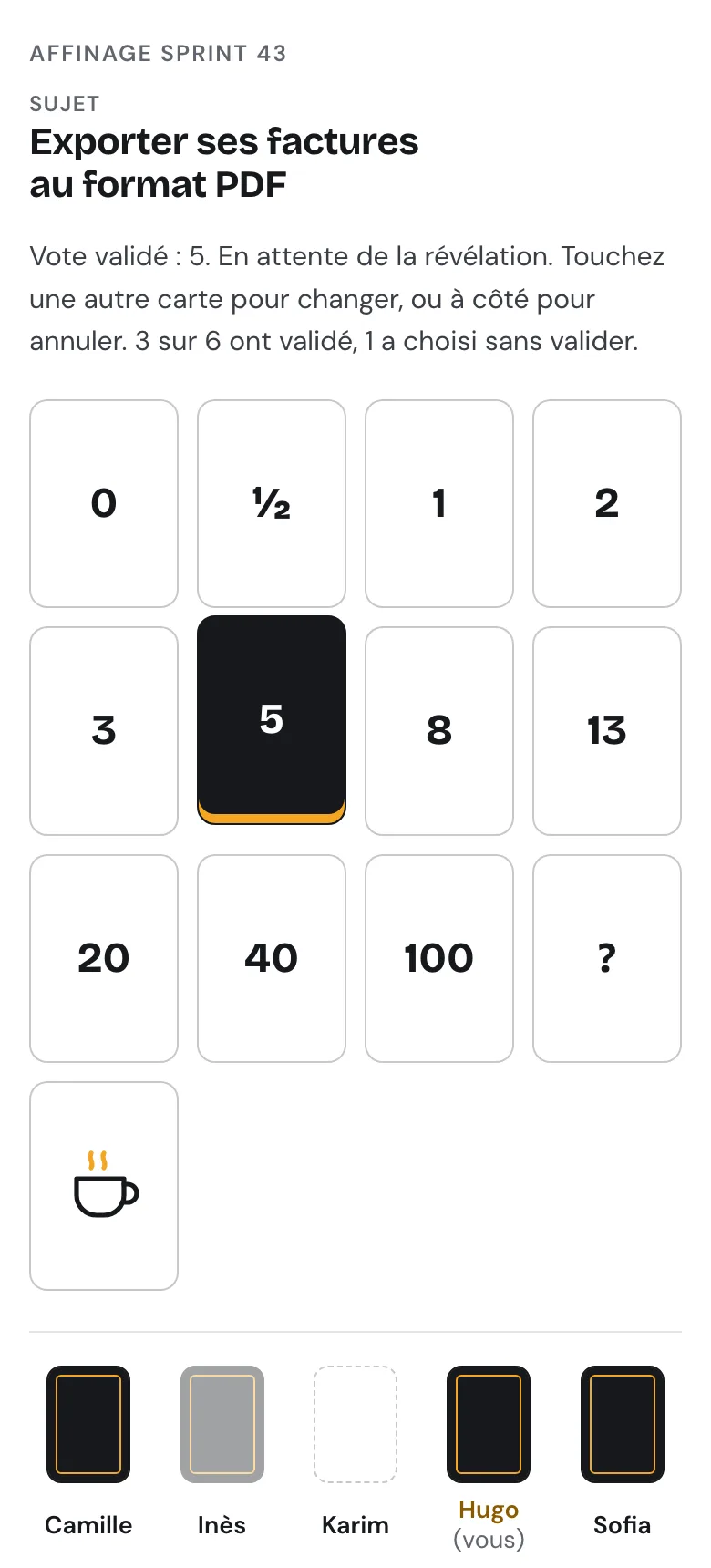 Écran de Hugo sur téléphone pendant le vote, sur le sujet « Exporter ses factures au format PDF » : le jeu de cartes de 0 à 100 avec « ? » et la pause café, la carte 5 posée et validée, le message « Vote validé : 5. En attente de la révélation » avec trois votes validés sur six, puis les participants, cartes face cachée pour ceux qui ont voté.
